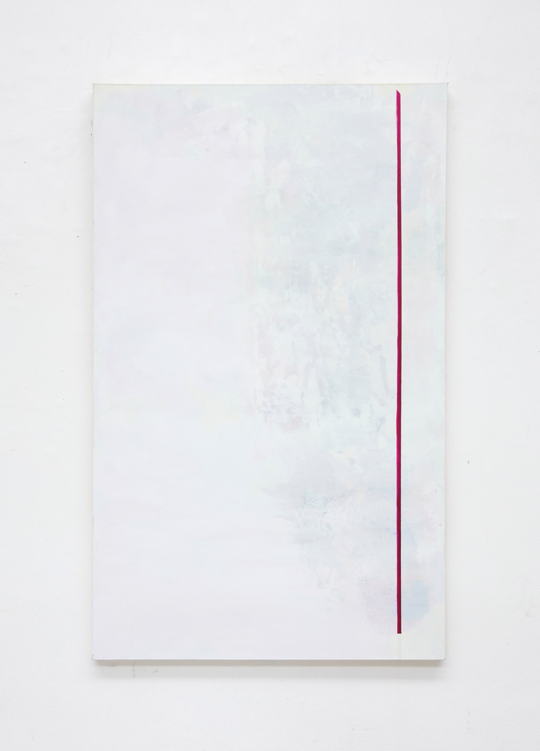 White painting with blue, pink, purple bleeding through the right. Magenta line 1 x 175cm along the right side of the painting.