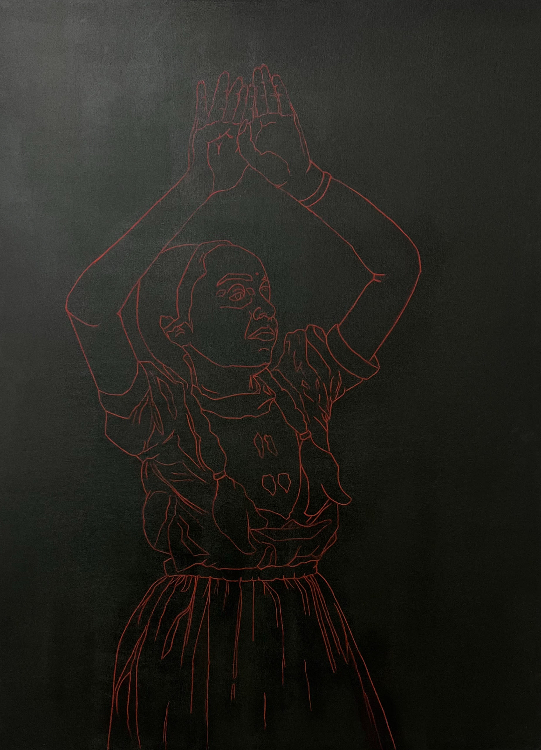 line drawing with sanguine of a girl with both her hands above her head forming a snake against a dark olive green backdrop