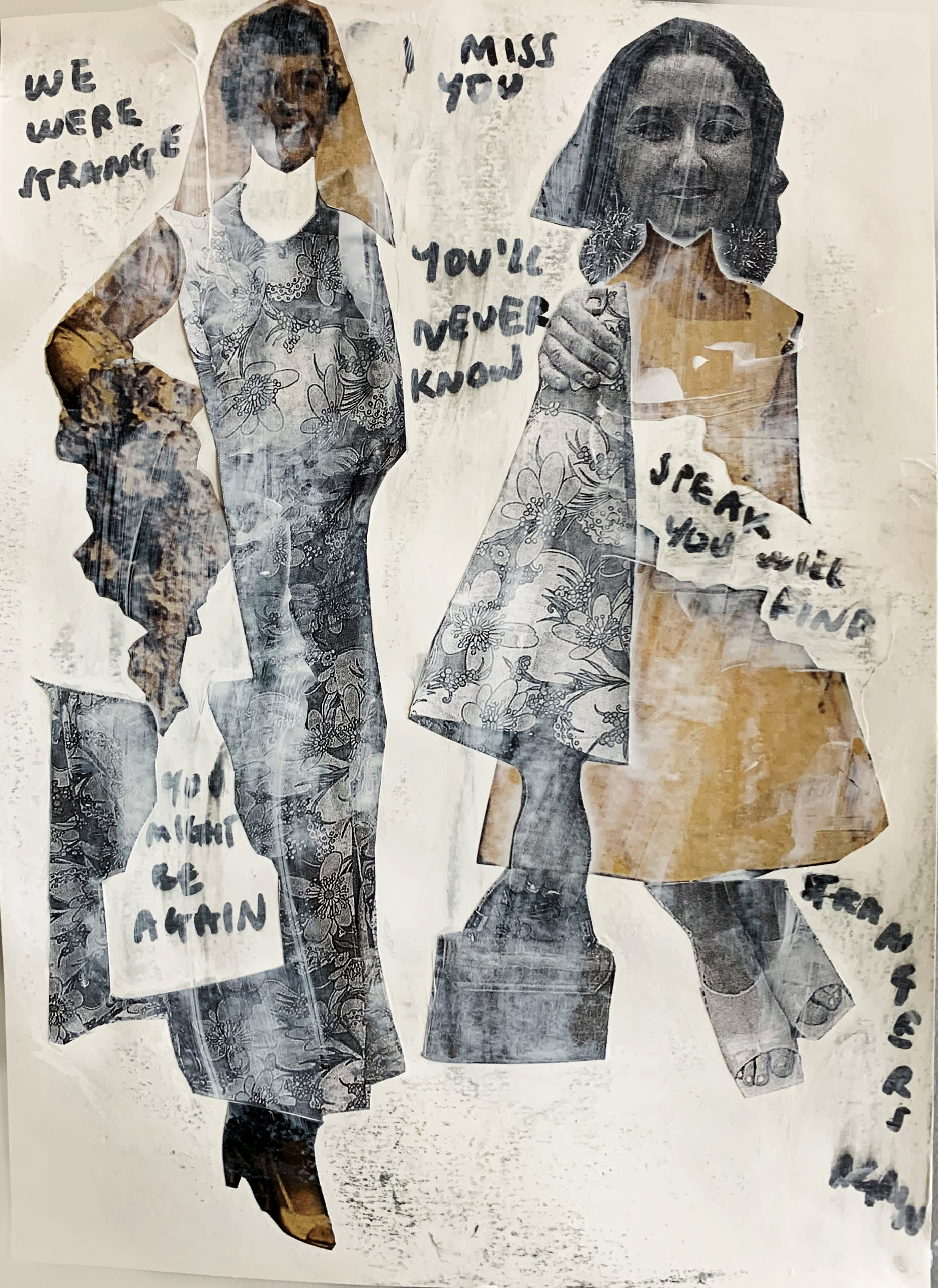 Two fragmented images of two women with handwritten text and white paint washed over the top