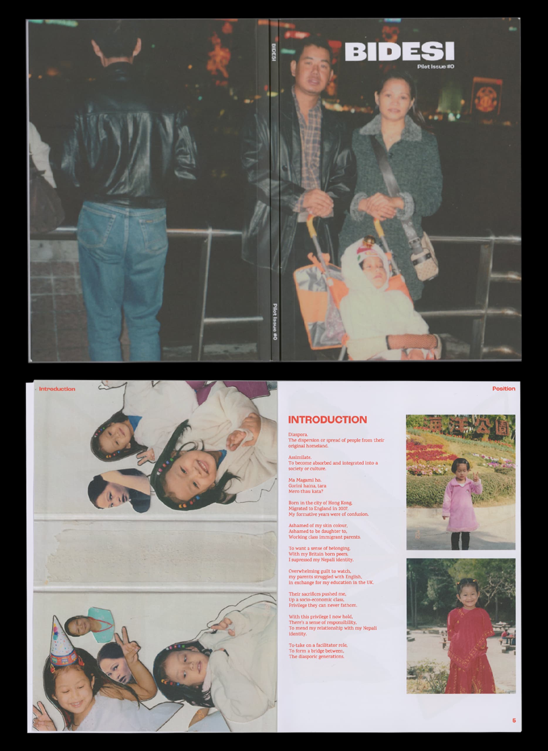 Front and introduction of Ashmina's Bidesi Zine publication showing images of herself as a child and interviewees.