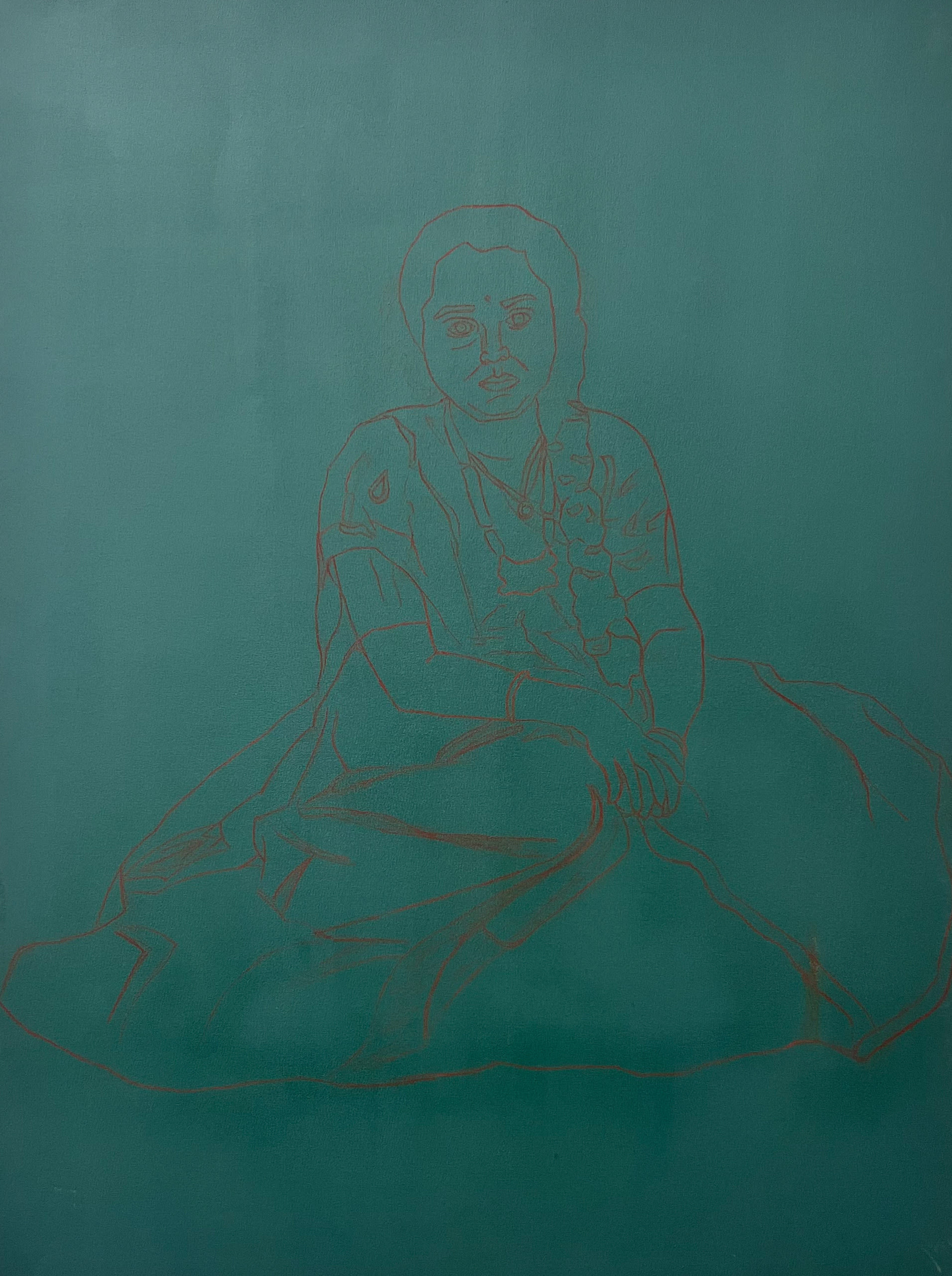 Line drawing with sanguine of a lady seated on the floor in a traditional indian attire against a shade of agua green colour. 