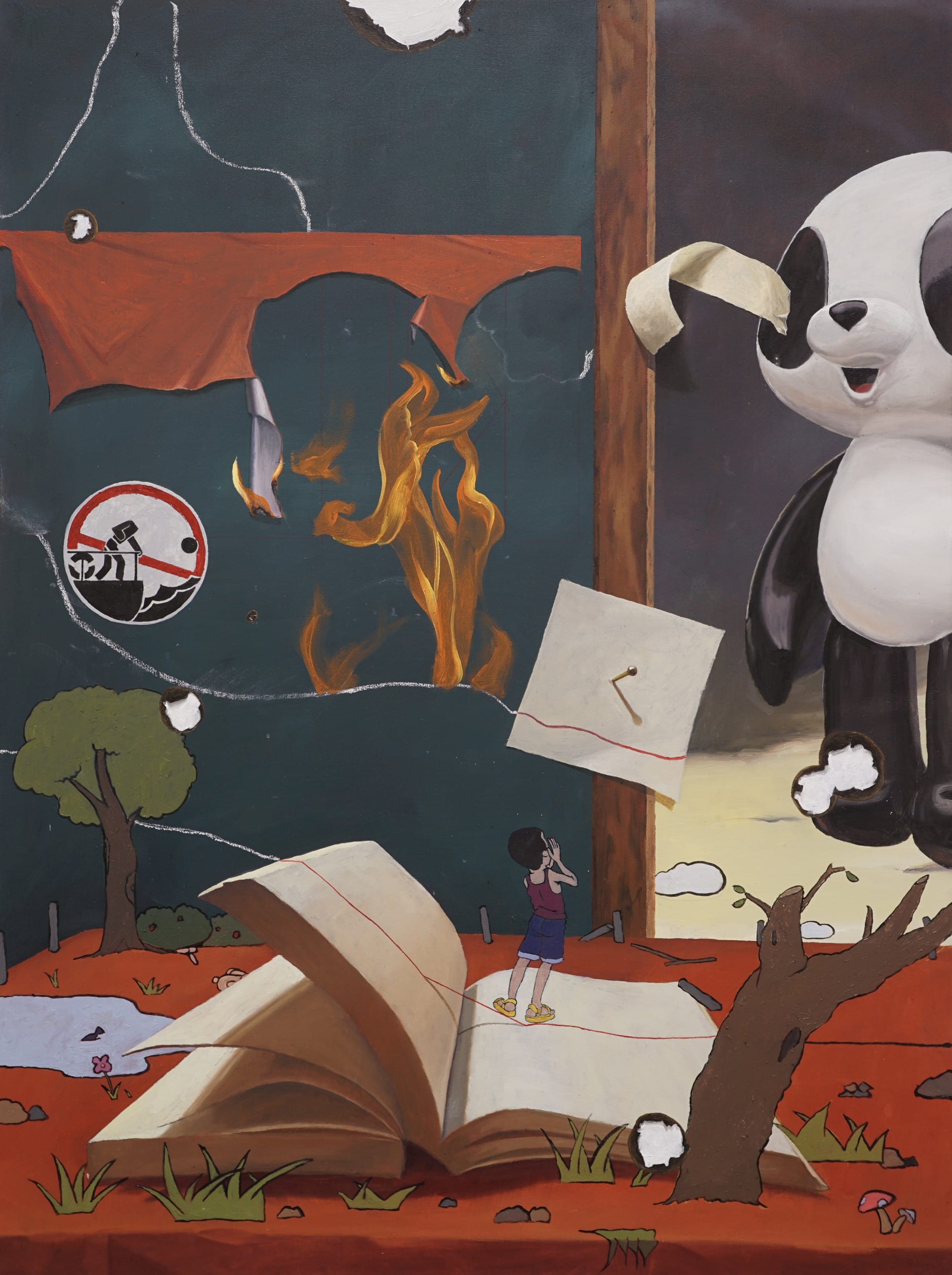 oil painting showing a boy crying for a floating panda