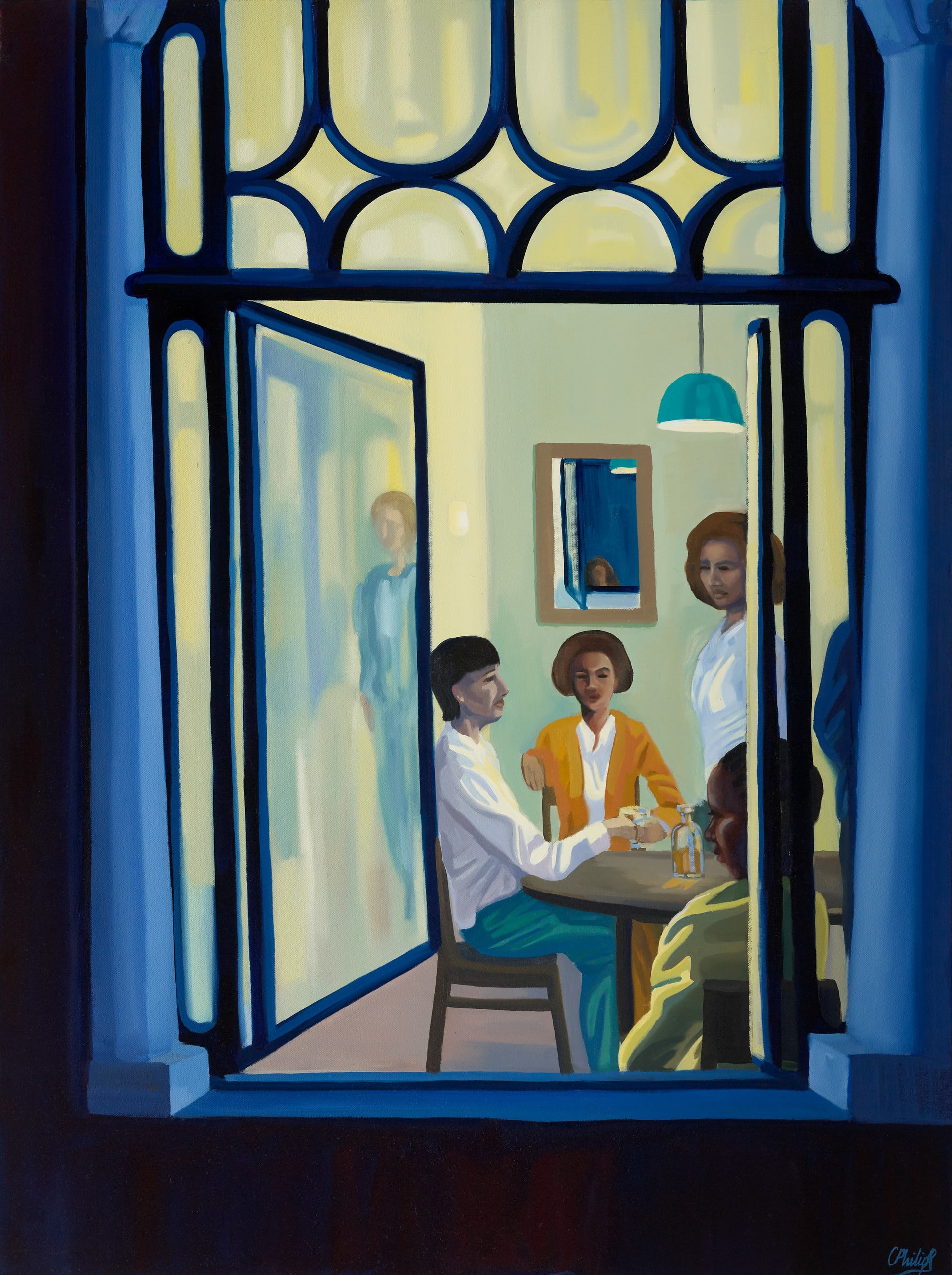 Four women gather around a table, seen through a window frame. A mirror at the back and the window pane show 2 more figures. 