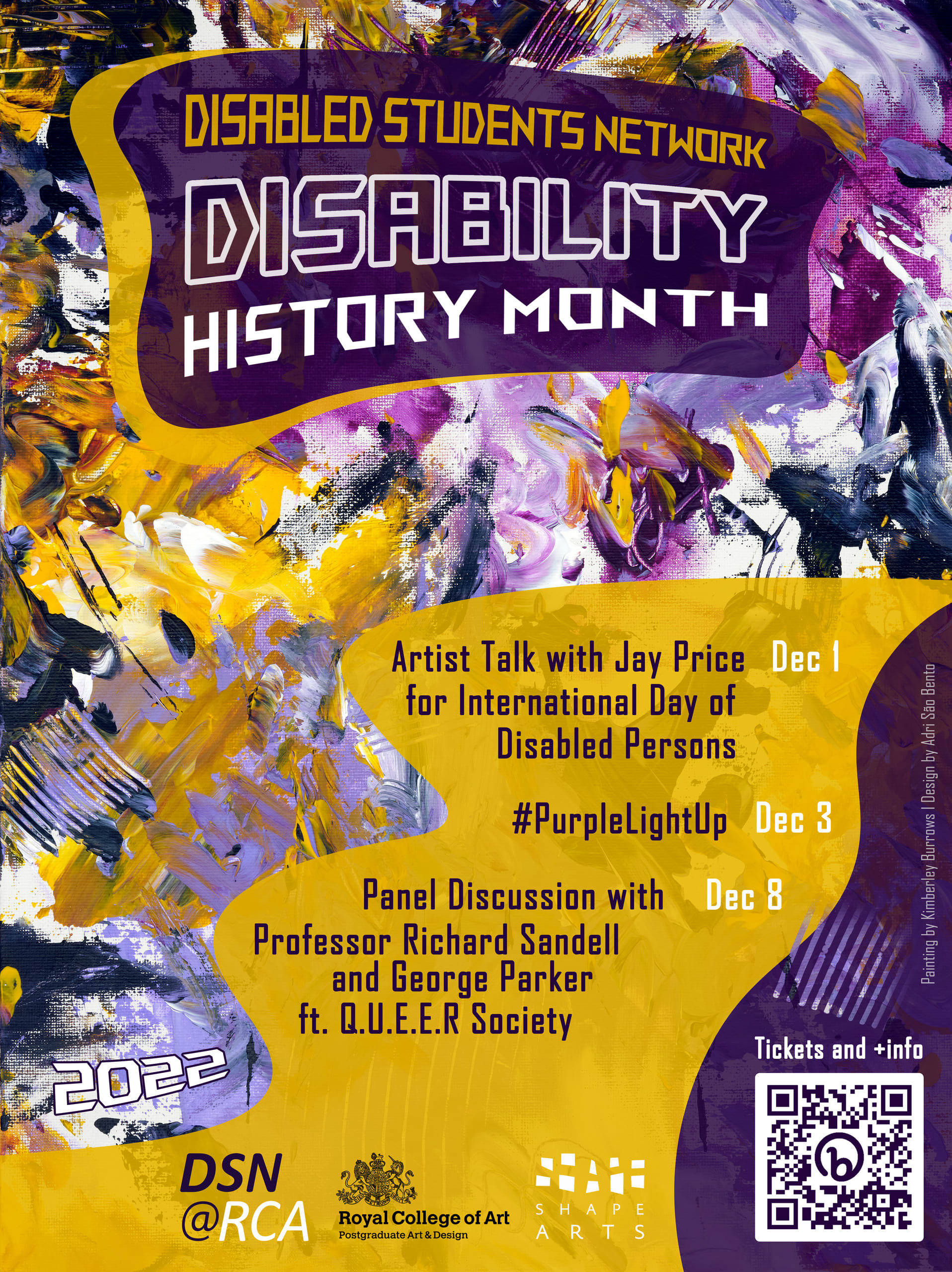 A purple and yellow poster that reads, "Disabled Students Network, Disability History Month"