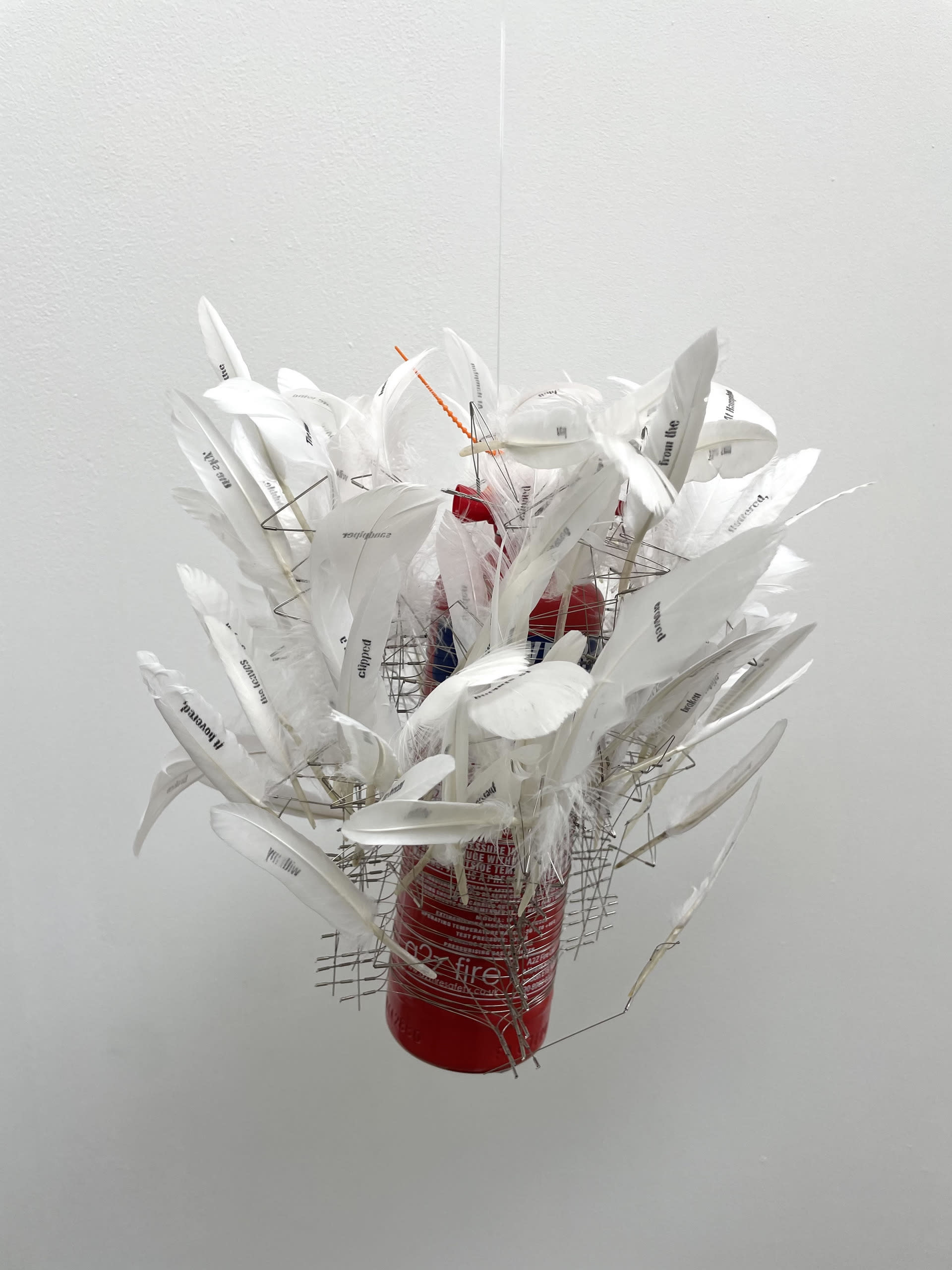 'The sun is sinking’, Fire extinguisher, stainless steel wire/tube,  white feather