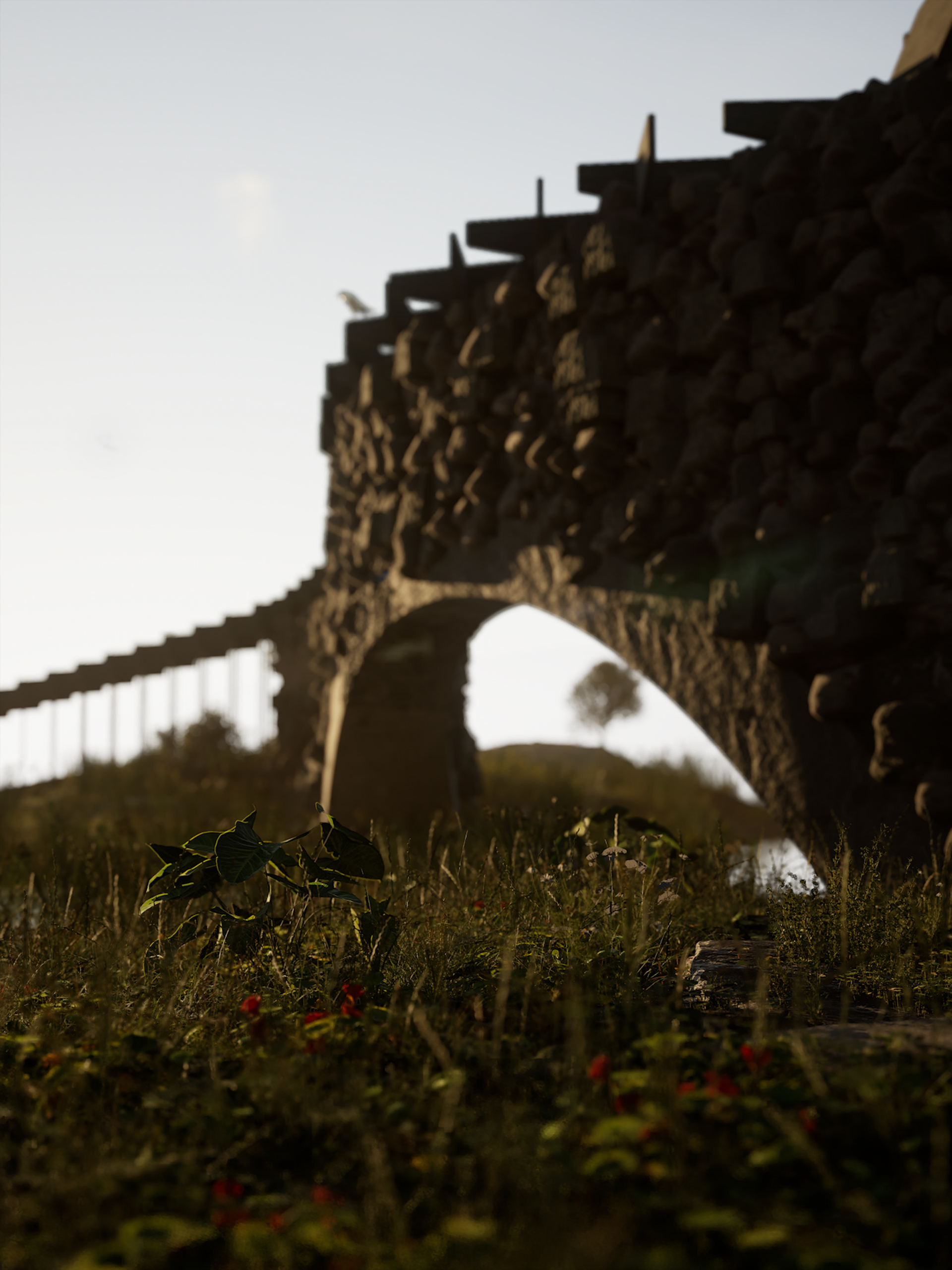 The bridge does not serve as a new crossing for humans but offers sheltered spaces around and beneath it as well as an emerging circular raised walkway, permitting new views of the surrounding wetland