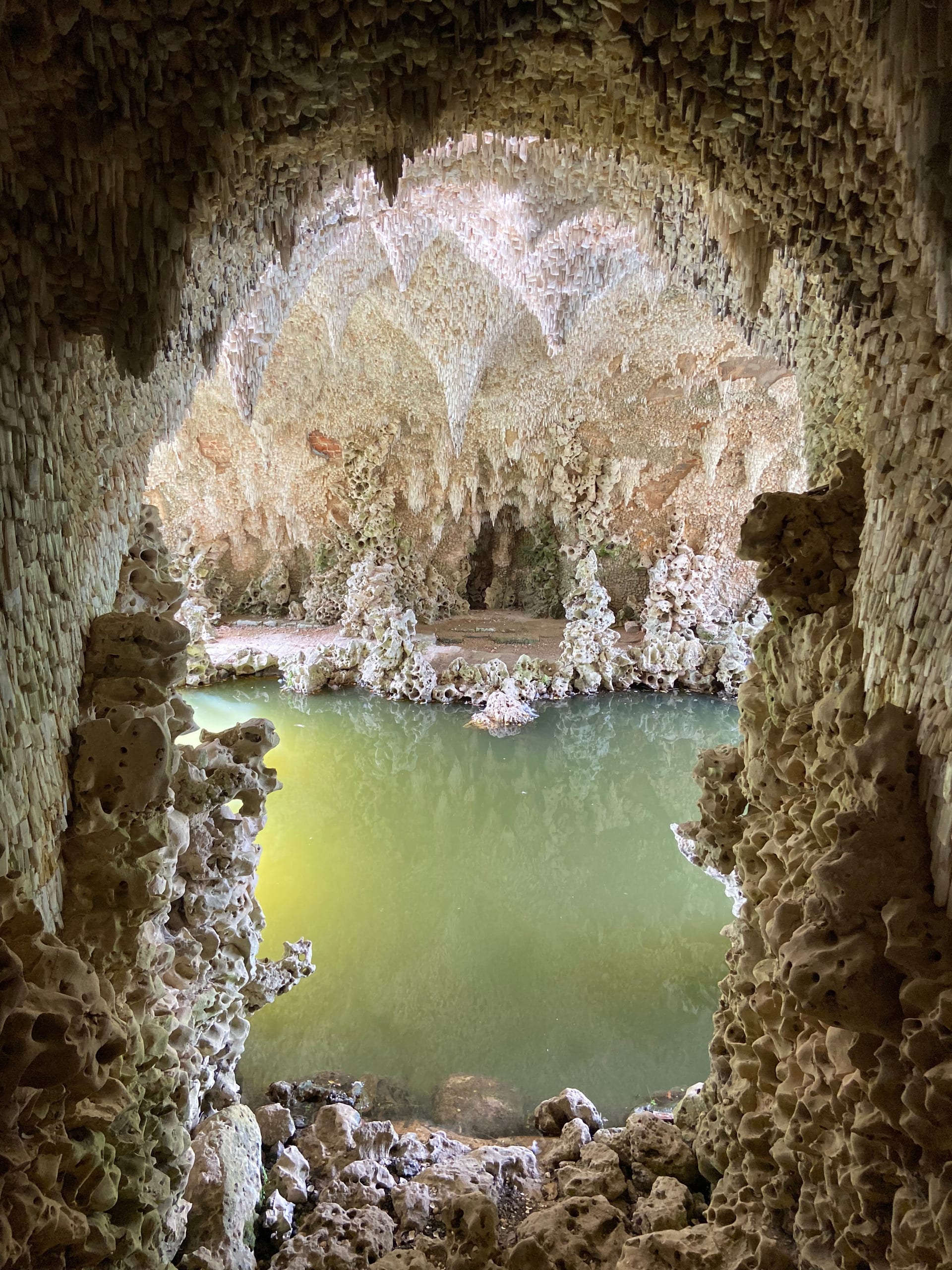 Authors own, view across underside of Grotto Bridge at Painshill Park Surrey, England, as it appears after restoration, 2021.