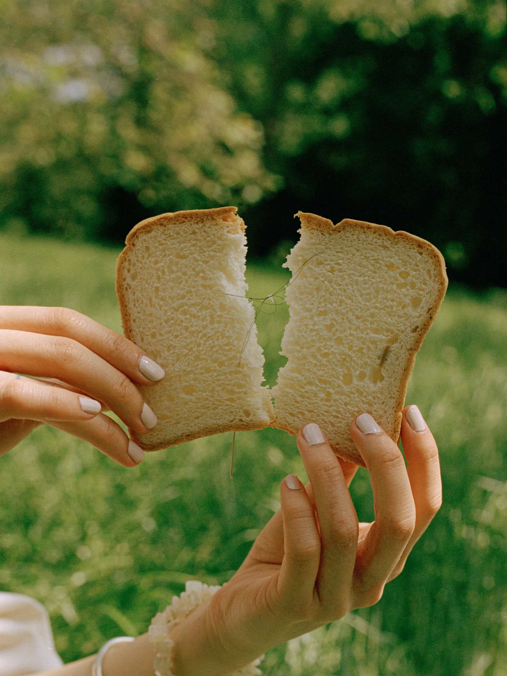 A split piece of bread is joined by hair, with green grass in the background.