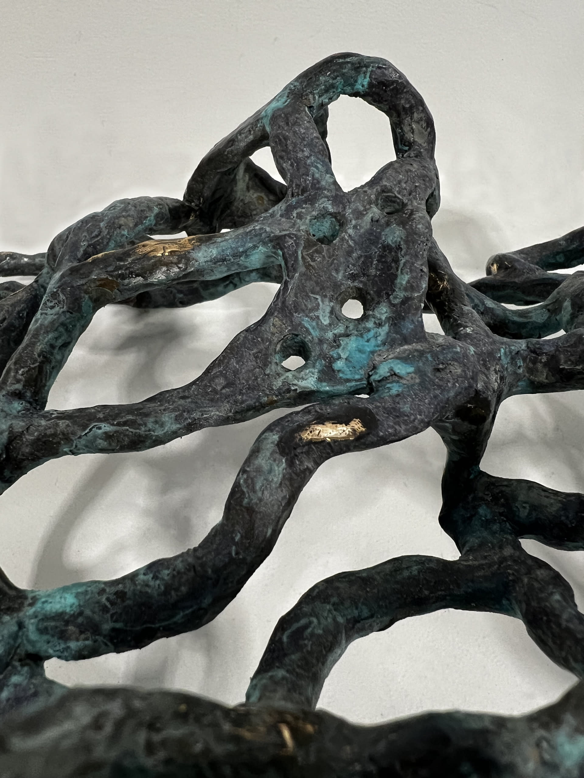 close up of organic cellular patterns in bronze. Black and turquoise colour patina with golden bits of bronze shown in places 