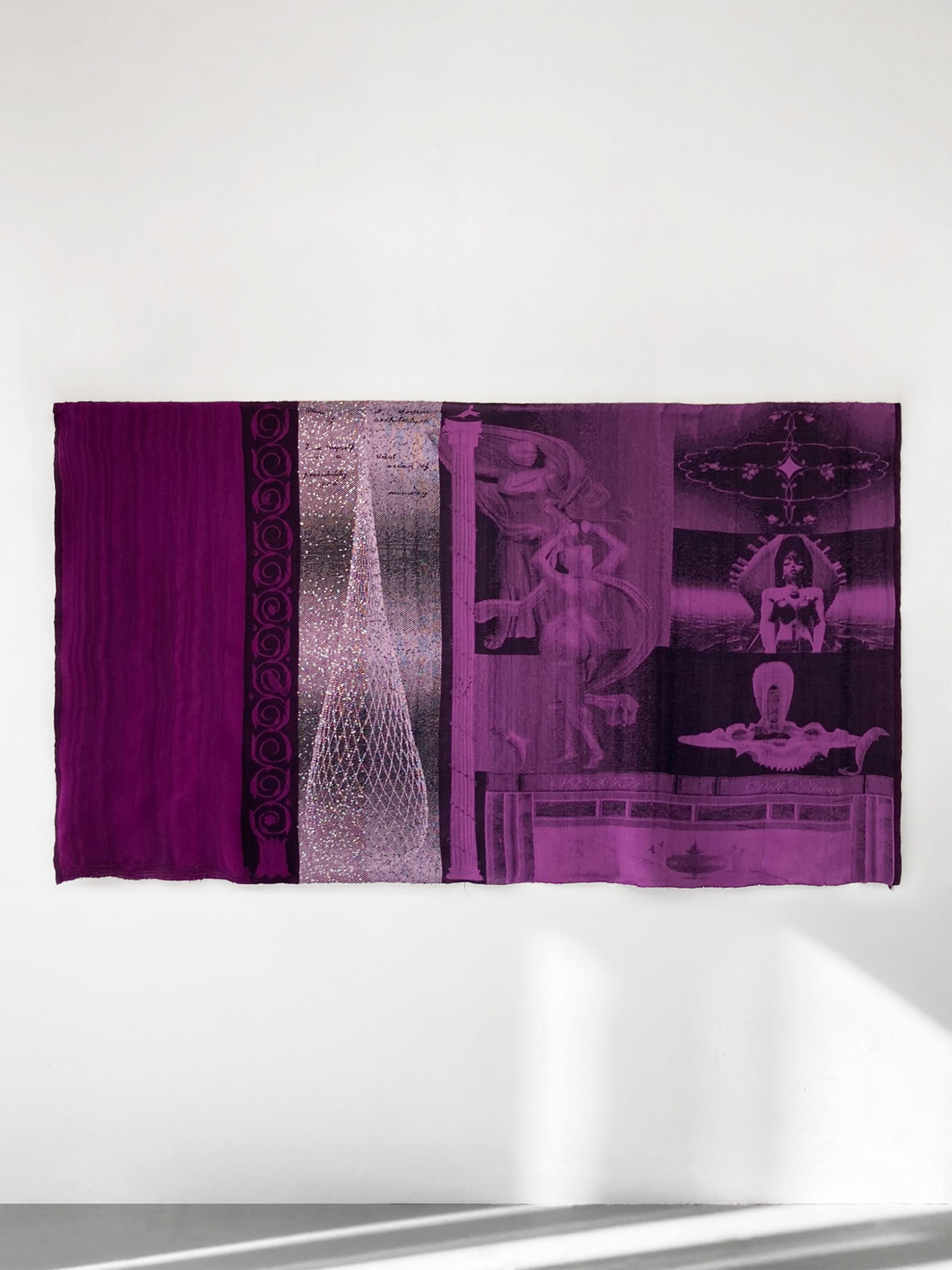 A purple tapestry for the Domina made on the jacquard loom displaying parts of her architecture