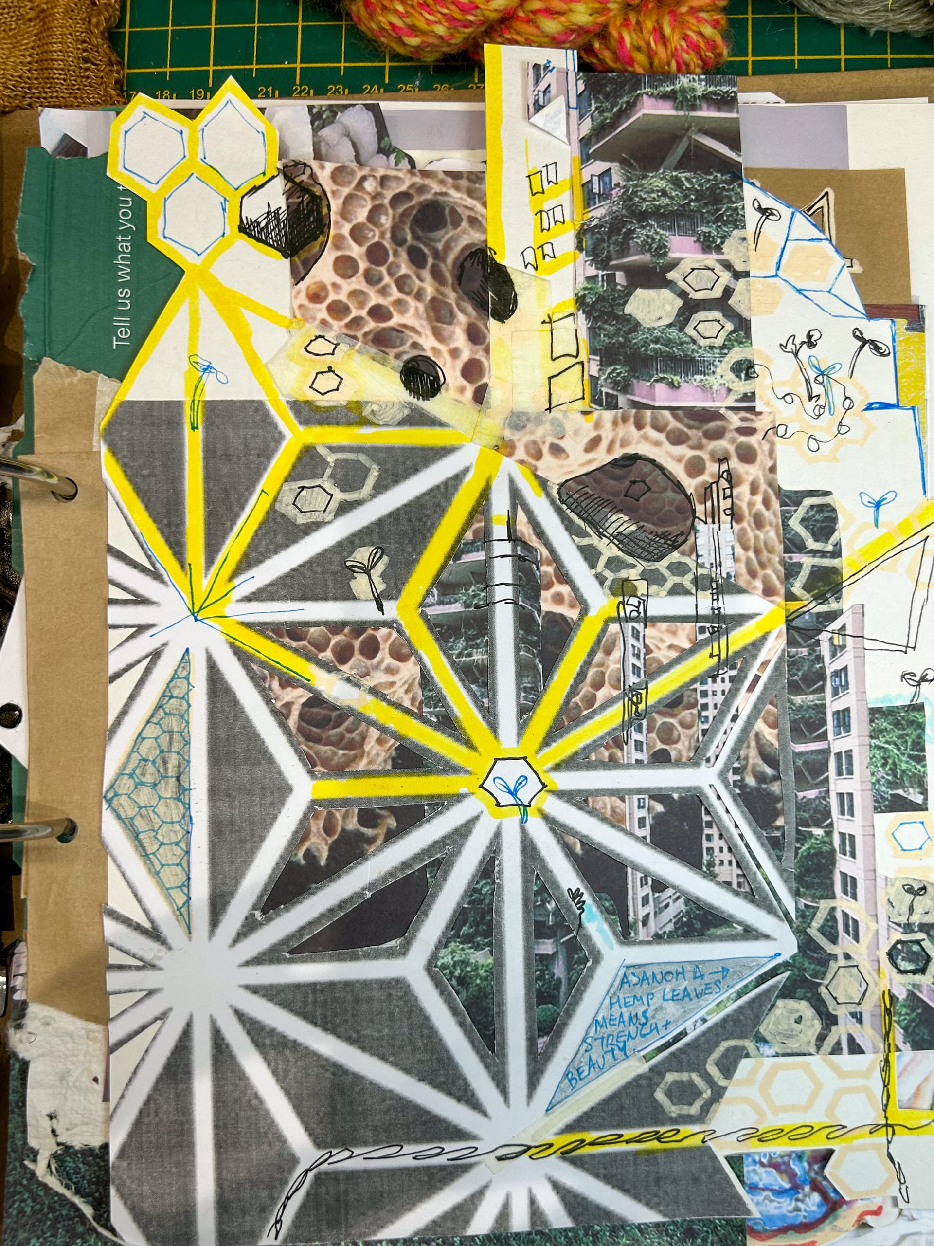 sketchbook page: collage of honeycomb, and asanoha/hemp leaf patterns