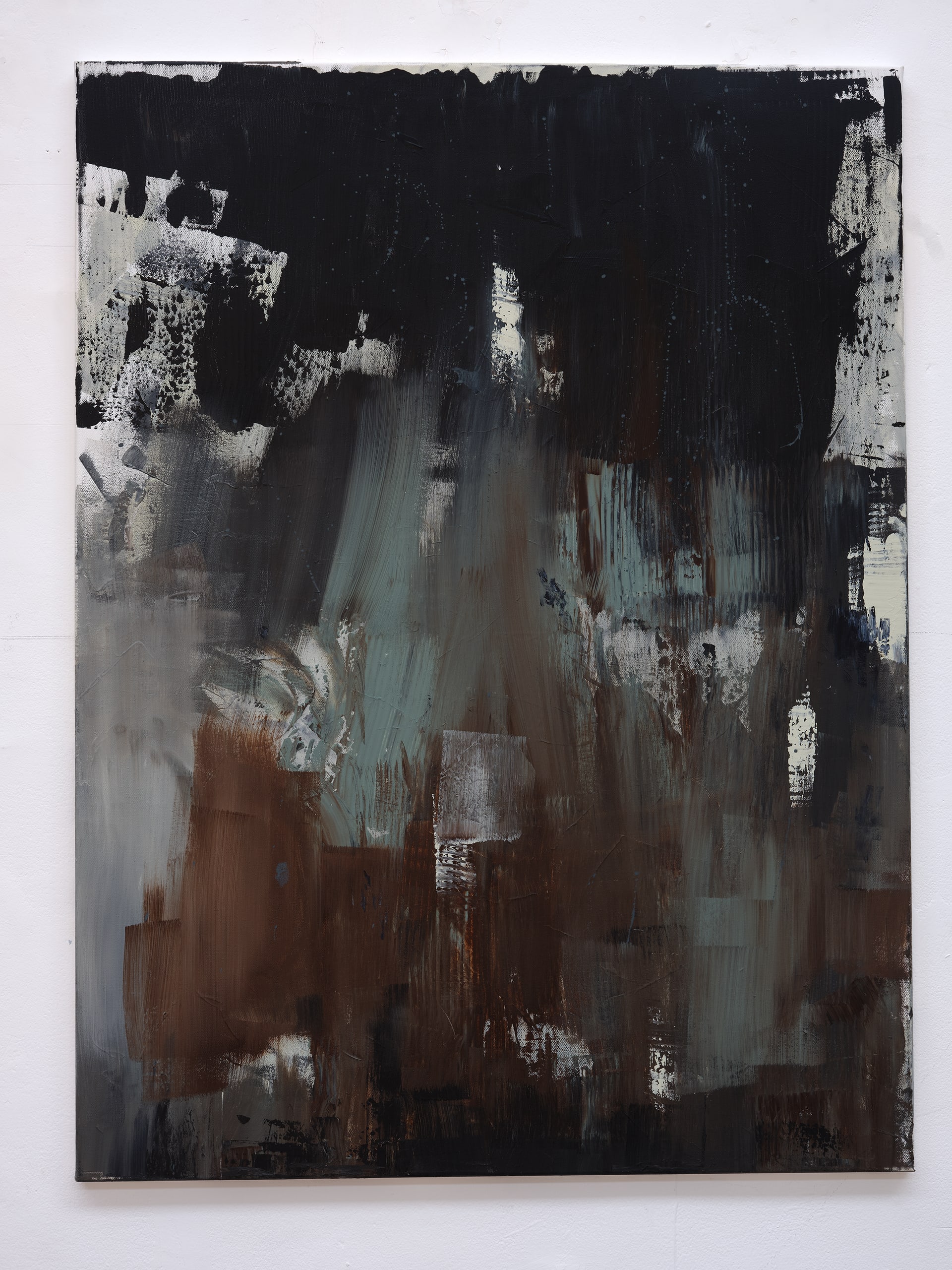 An abstract painting with upward strokes of Black, seafoam and brown.