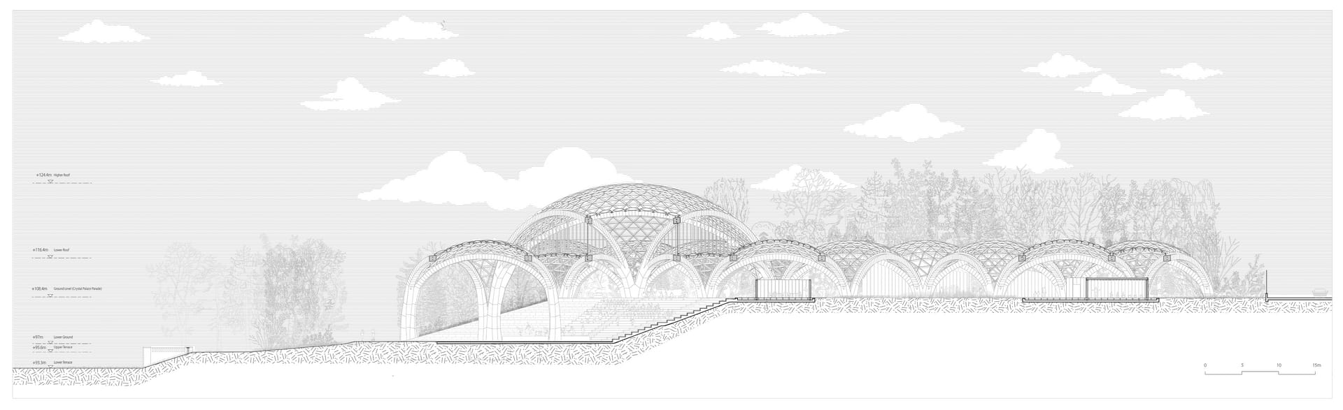 This section cuts through the multi performance space.  With 16m tall, it has the potential to hold concerts, outdoor theatre and cinema for the local community, as well as becoming a new ground for t
