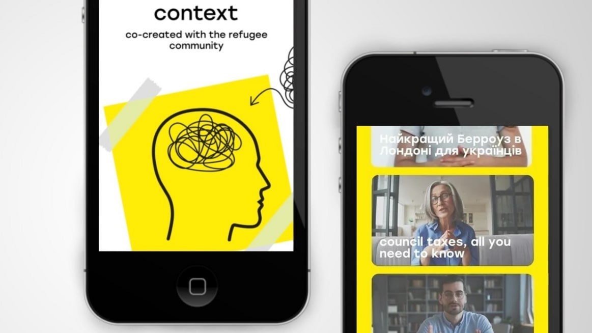 Phones displaying context content, subtext "co-created with the refugee community"