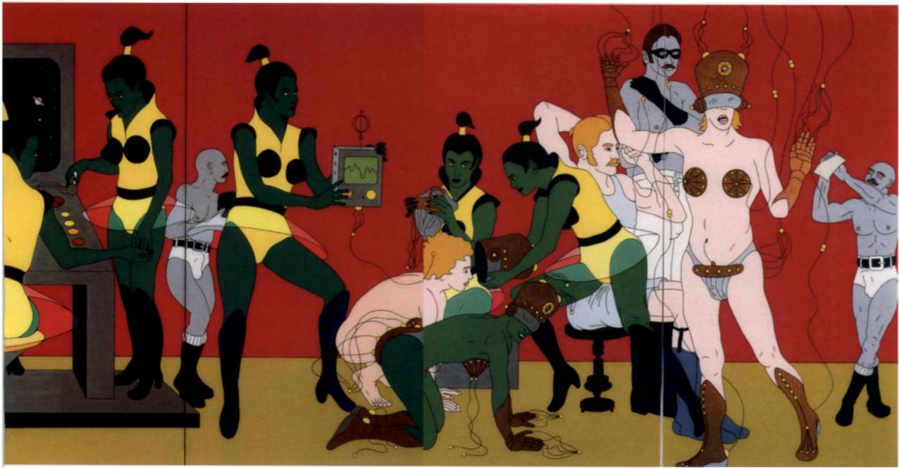 Artwork depicting naked aliens in a lesbian sexual initiation rite.