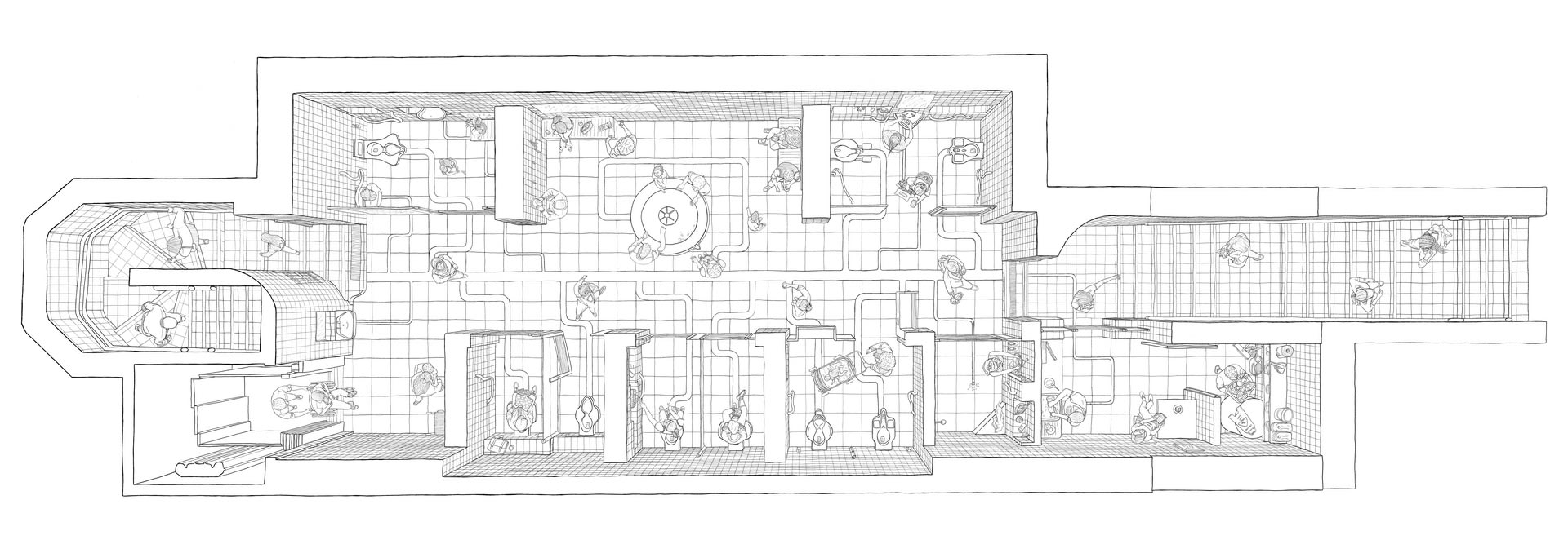 Illustrated perspective plan demonstrating how the redesigned public toilet at Queensway may be inhabited 