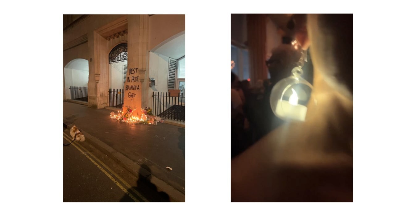 picture of candles surrounding a writing on the wall which says rest in pride brianna ghey