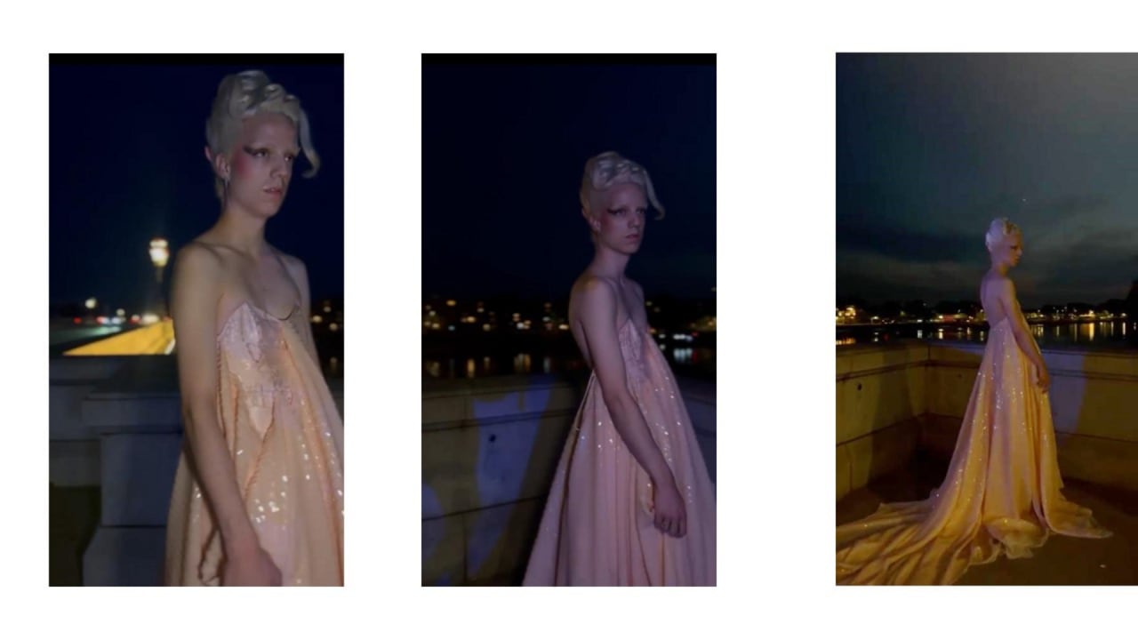 person standing in a apricot sequins gown on a bridge