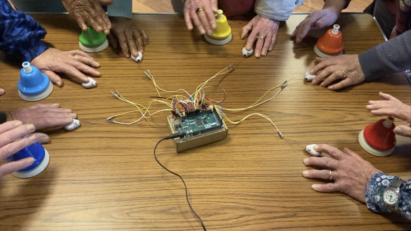 6 people learn a new method for generating music together, with the help of a dynamic alternative to Braille notation.