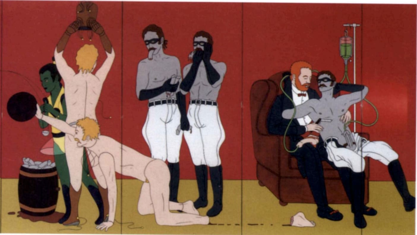 Artwork depicting naked necromaniacs in a gay sexual initiation rite.
