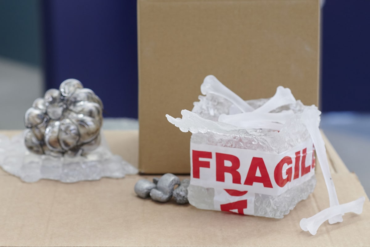 a glass box with fragile in red tape containing glass bones sits on a cardboard box. a globe is visible behind 