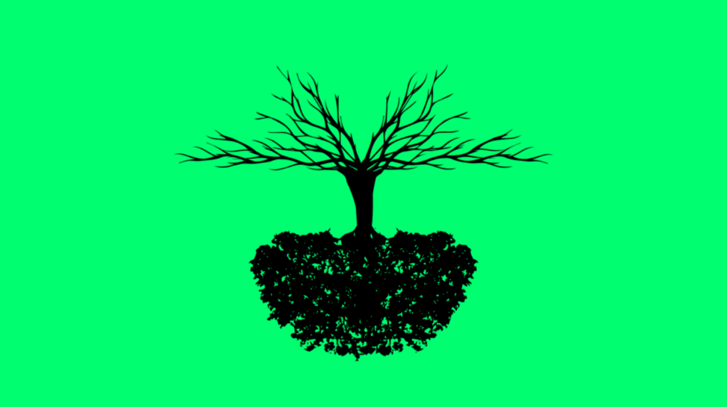 the logo for old home zine is an upside down oak tree, roots bared