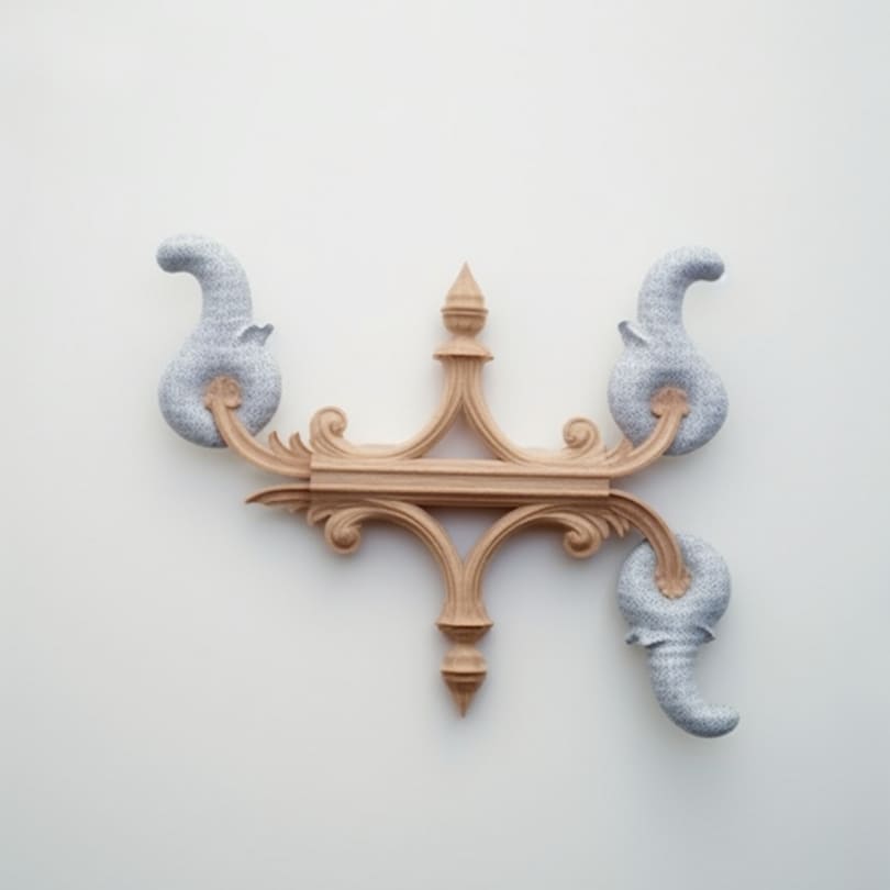 This image depicts a wall sculpture resembling a wooden ornament with abstract shaped blueish details.