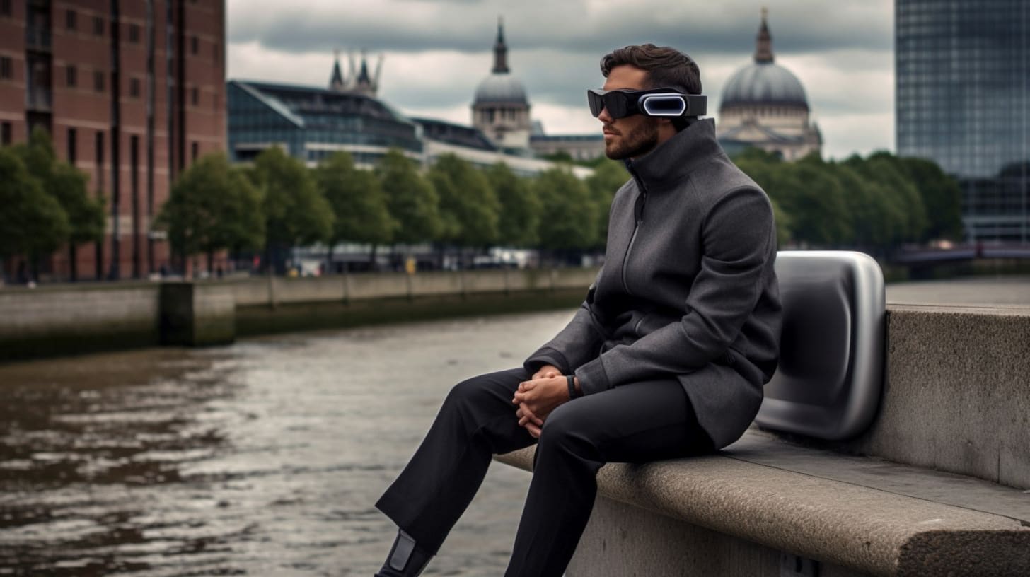 A person sitting on the bench wearing eXtended Reality(XR) goggles