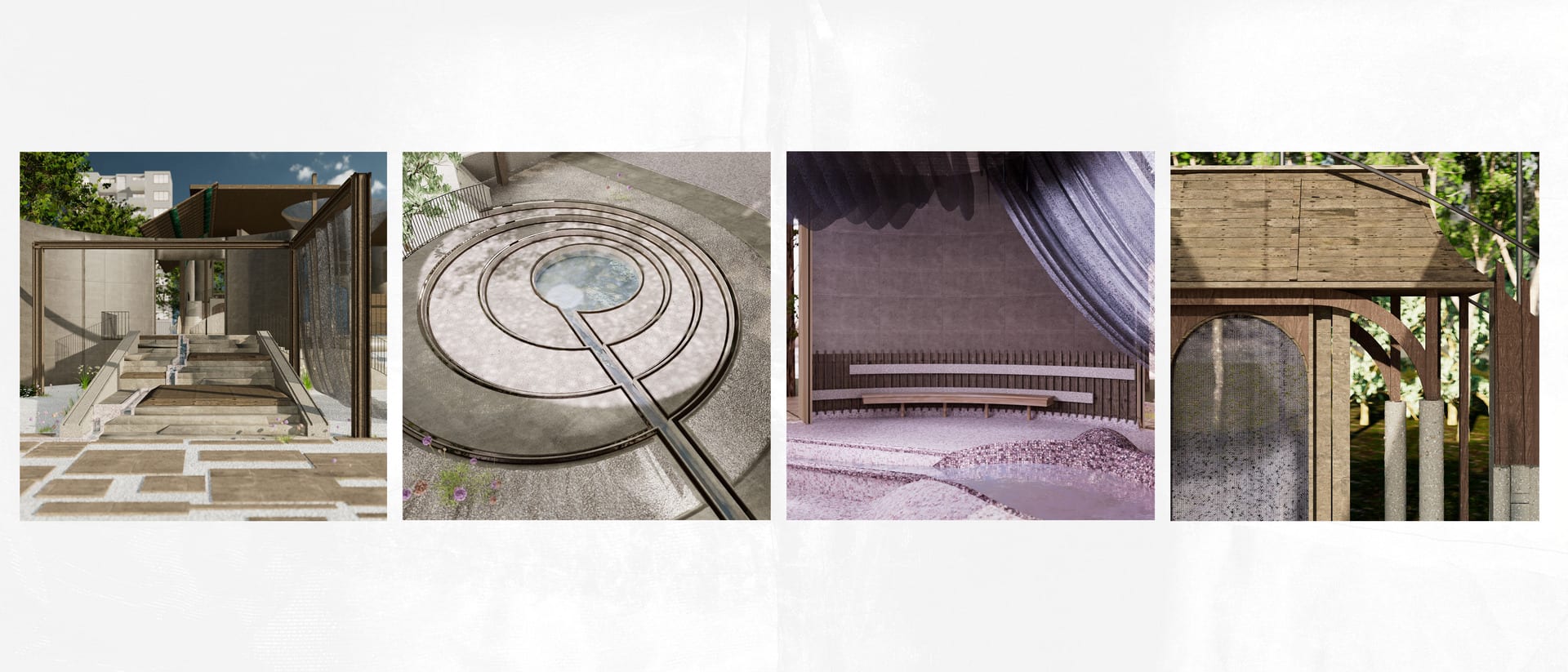 Four key moments — entrance, water pool, water cremation, fabric passage detail