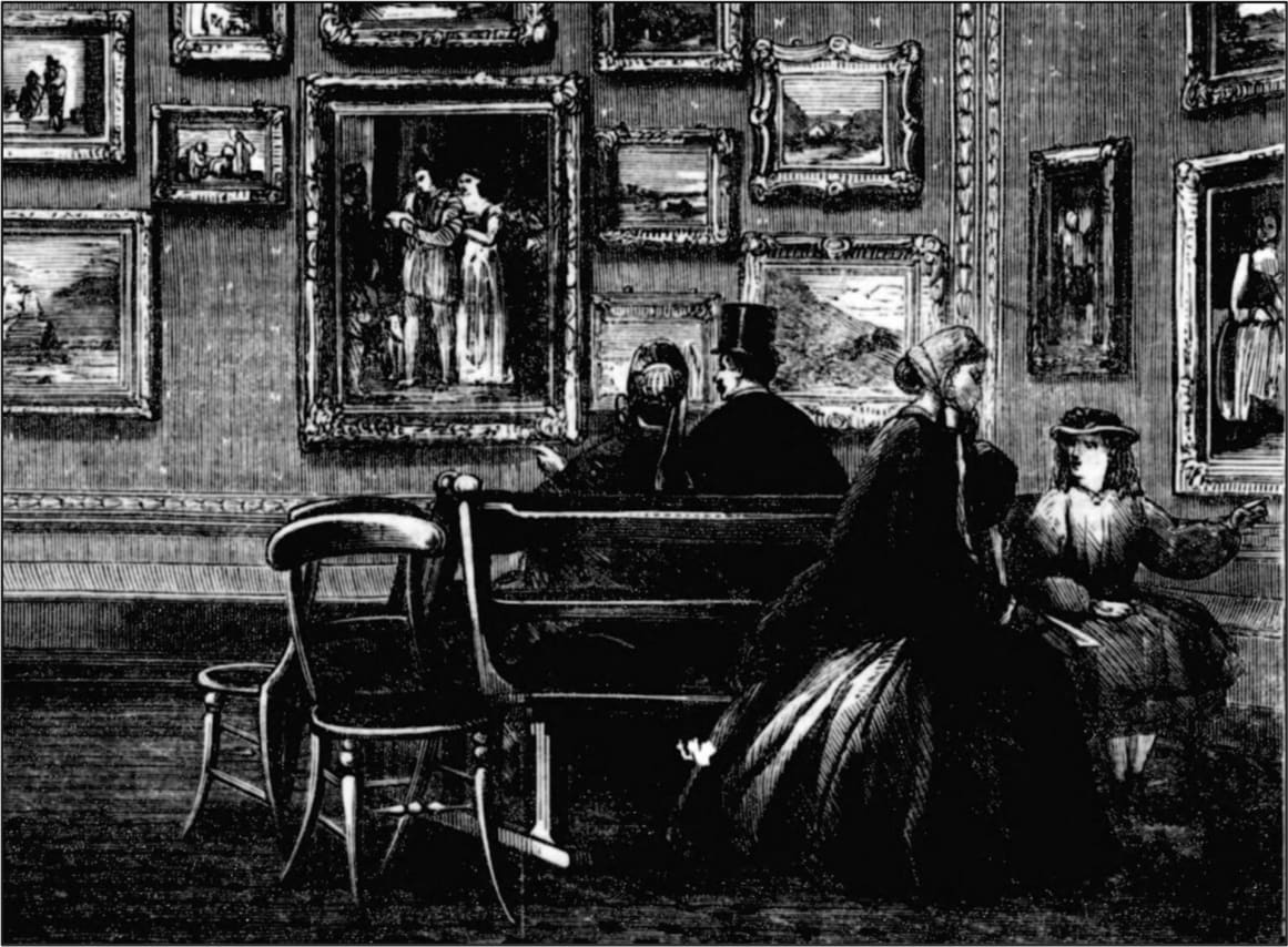 Engraving showing visitors sitting inside the Vernon Gallery at the South Kensington Museum, 1866.