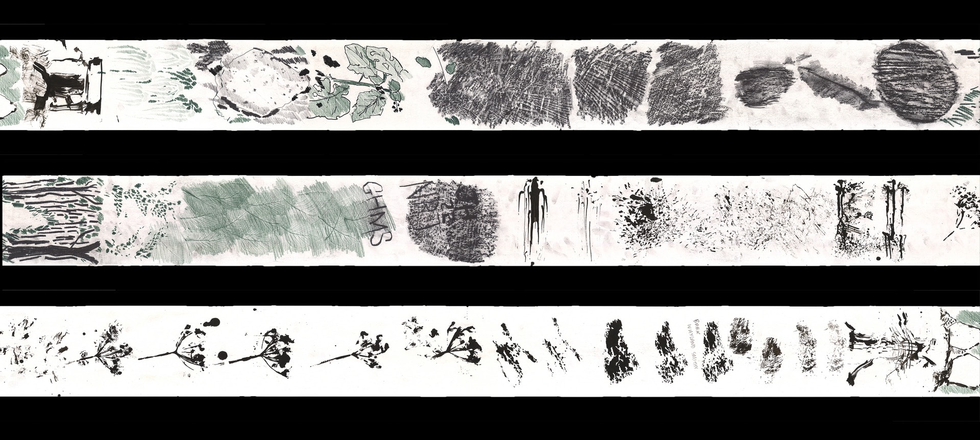 3 horizontal strips of a long drawing scroll show marks made through rubbings, foraging, and other generative marks