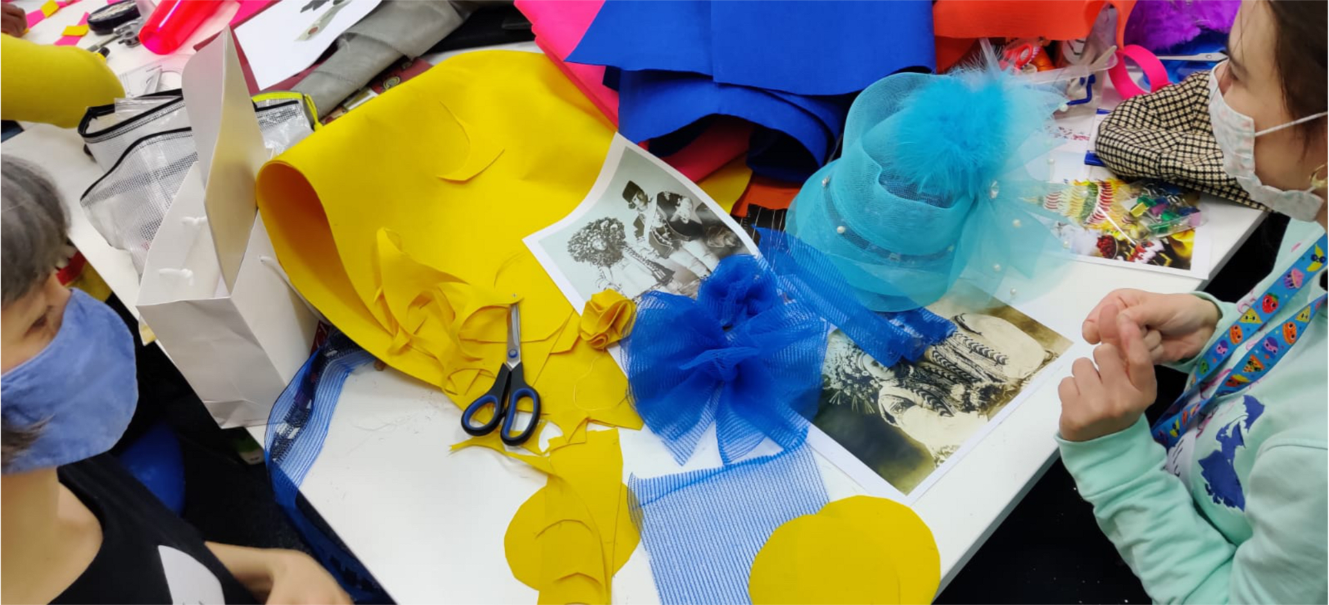 Kelly and Jen take inspiration from old fashioned images of Ukrainian headdresses to decorate a hat with blue and yellow flowers