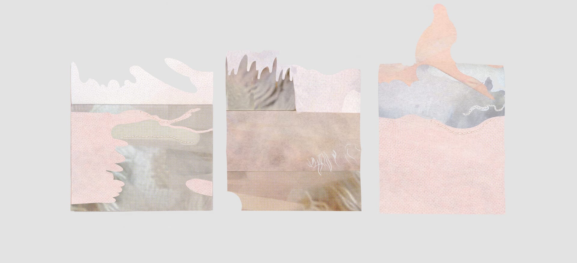 A digital collage of orregular shapes of pink, light brown and blue.