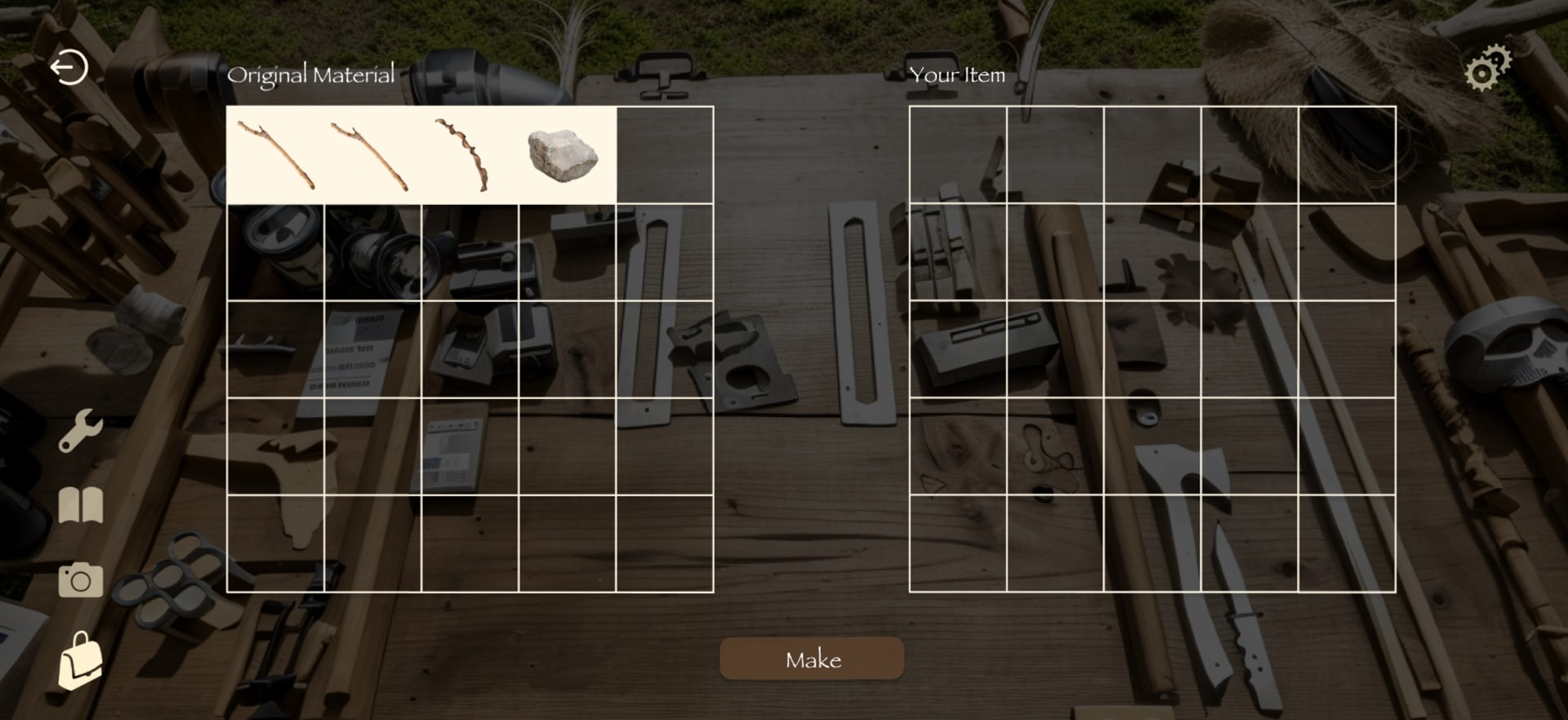 Game inventory showing wood and stone