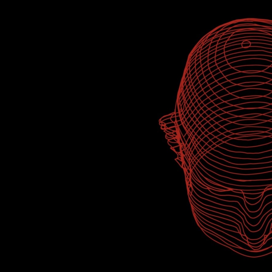 black background. red wireframed human face cut off to the right, concealing half of the face.