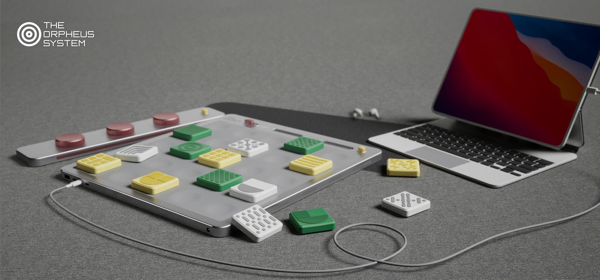 A 3D render of The Orpheus System, showing the gameboard, tiles and sound control bar, connected to a tablet and earbuds.
