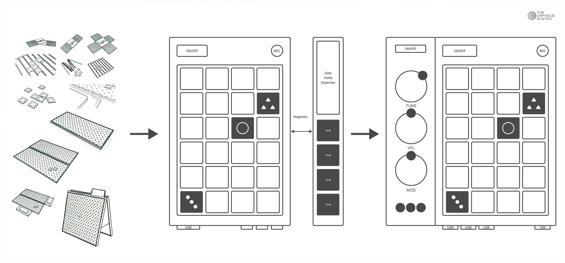 A collage of early design sketches for our products, including foldable "battleships" style gameboard, and synthesizer influence