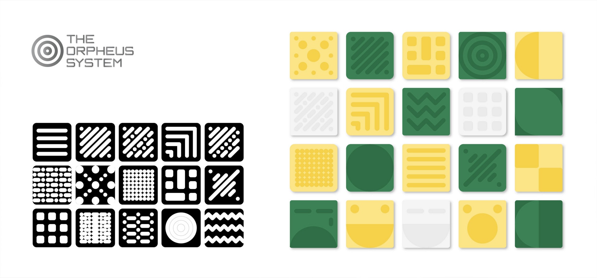 Two images of the visual language of the tile design, in black and white and colour.