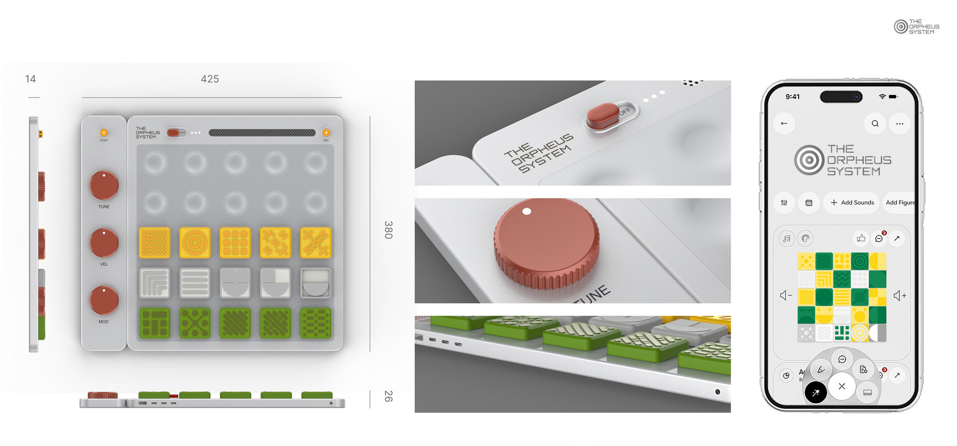 Collage of a labelled technical image of the game board, close-ups of design features and a mockup of the phone app UI.