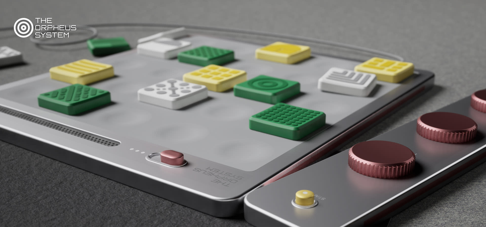 An extreme close up of the 3D render of The Orpheus System gamboard, showing the tiles and sound control bar.