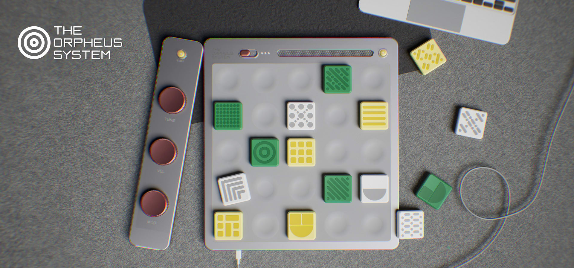 A birds-eye 3D render of the game board, tiles and sound control bar.