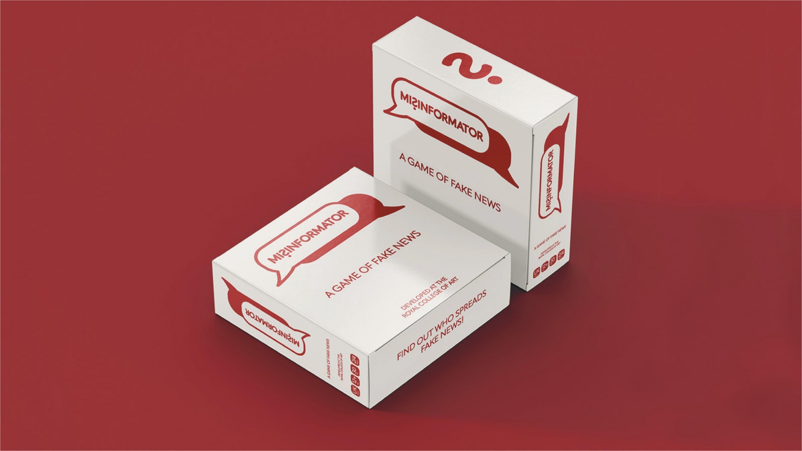 Digital mockup showing the packaging of the card game. White square box with graphics on it. 