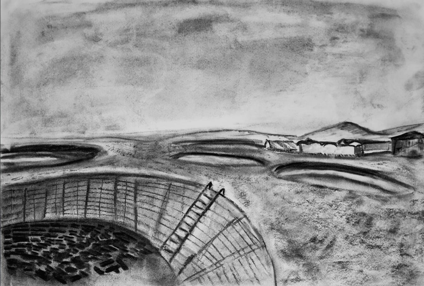 Charcoal Drawing of excavation vs. restoration2