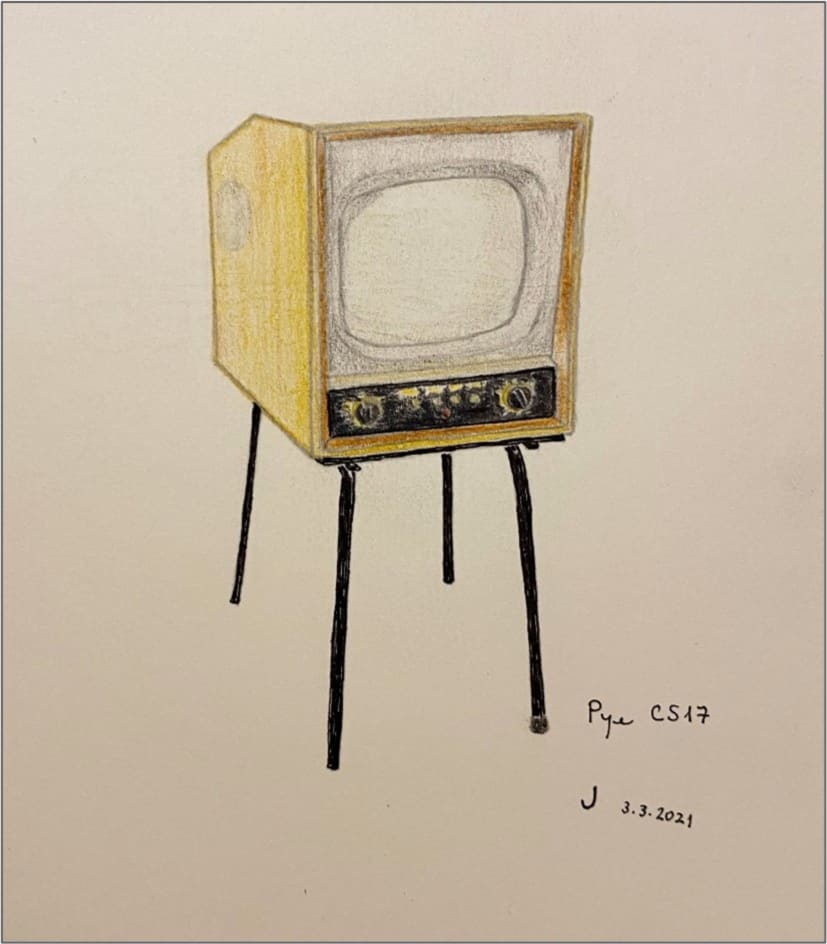 Crayon drawing made by Joana Albernaz Delgado of a 1950s television receiver.