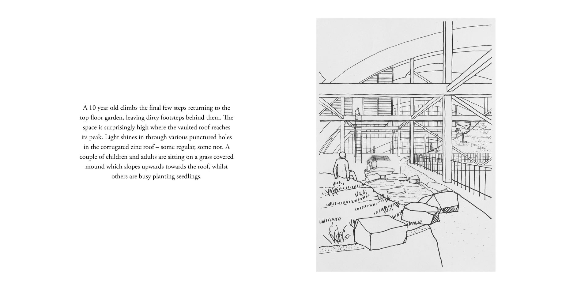 In the garden are different constructed landscapes, varying from raised beds, to a water pool and mound