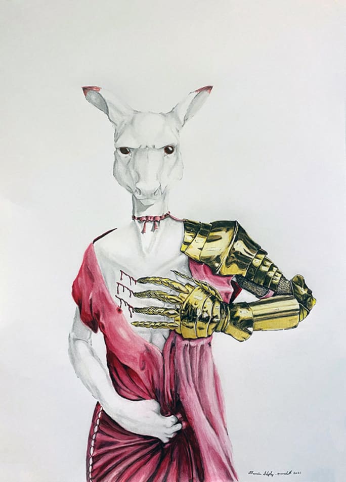 A white doe woman with red robe and a golden and armored hand clawing at her chest.