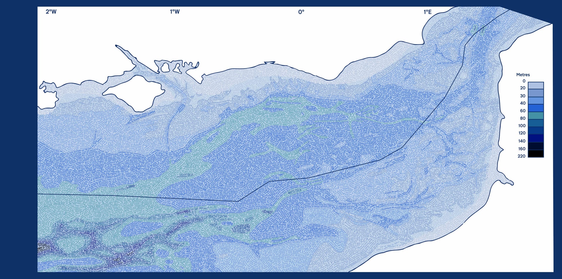 A digital design portraying the English Channel, the water comprising of massed text.