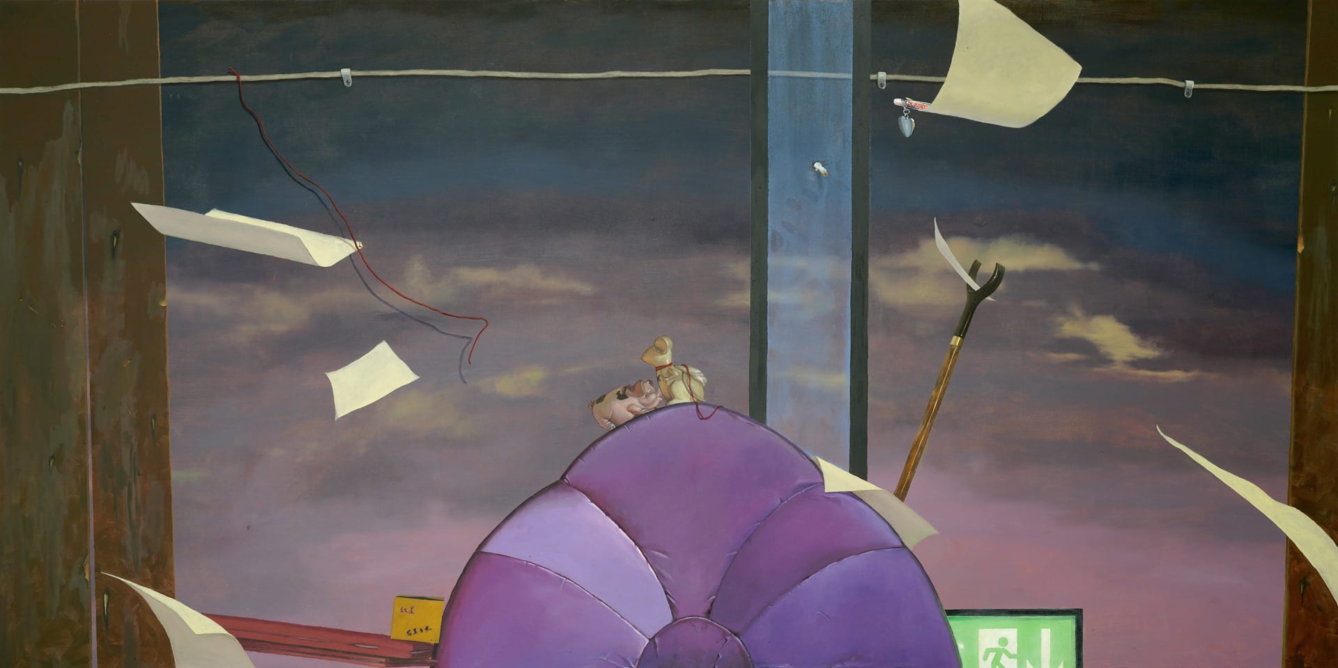 a purpleish painting featuring a plastic pig and mouse