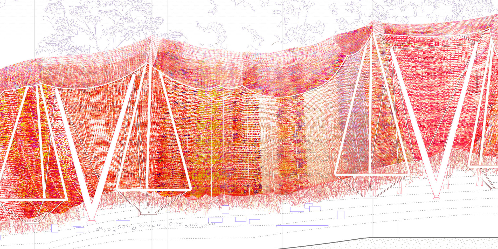 Going inside the tent, one has to brush through the 1 to 2 meter fluffy fringes, or enter through the grand openings, which responds to the site route, creating a 3 meter fringe curtain that can be op