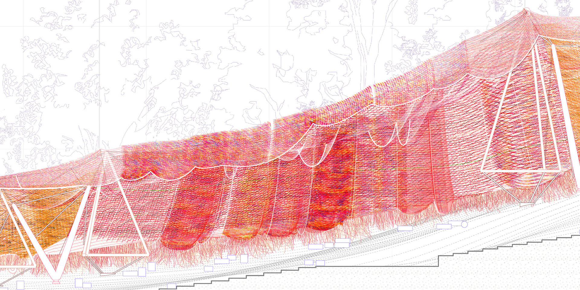 Internally, multiple layers of fabric can be attached underneath to provide a secondary surface, for the preference of the performers or spectators using this space, defining their own theme, creativi